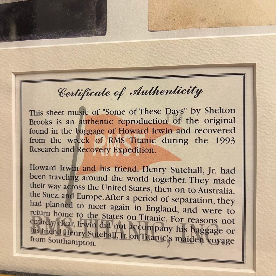 タイタニックポスターSome of These Days 楽譜 証明書付き額入り