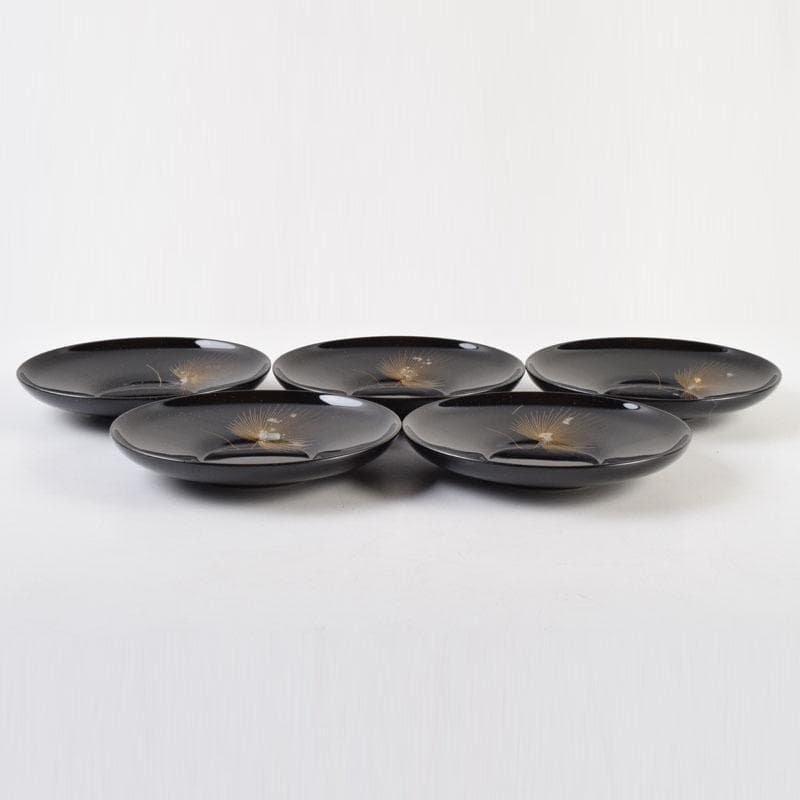 輪島塗　大向高洲堂　黒漆　飛松沈金　銘々皿　五客　箱付　N　9006