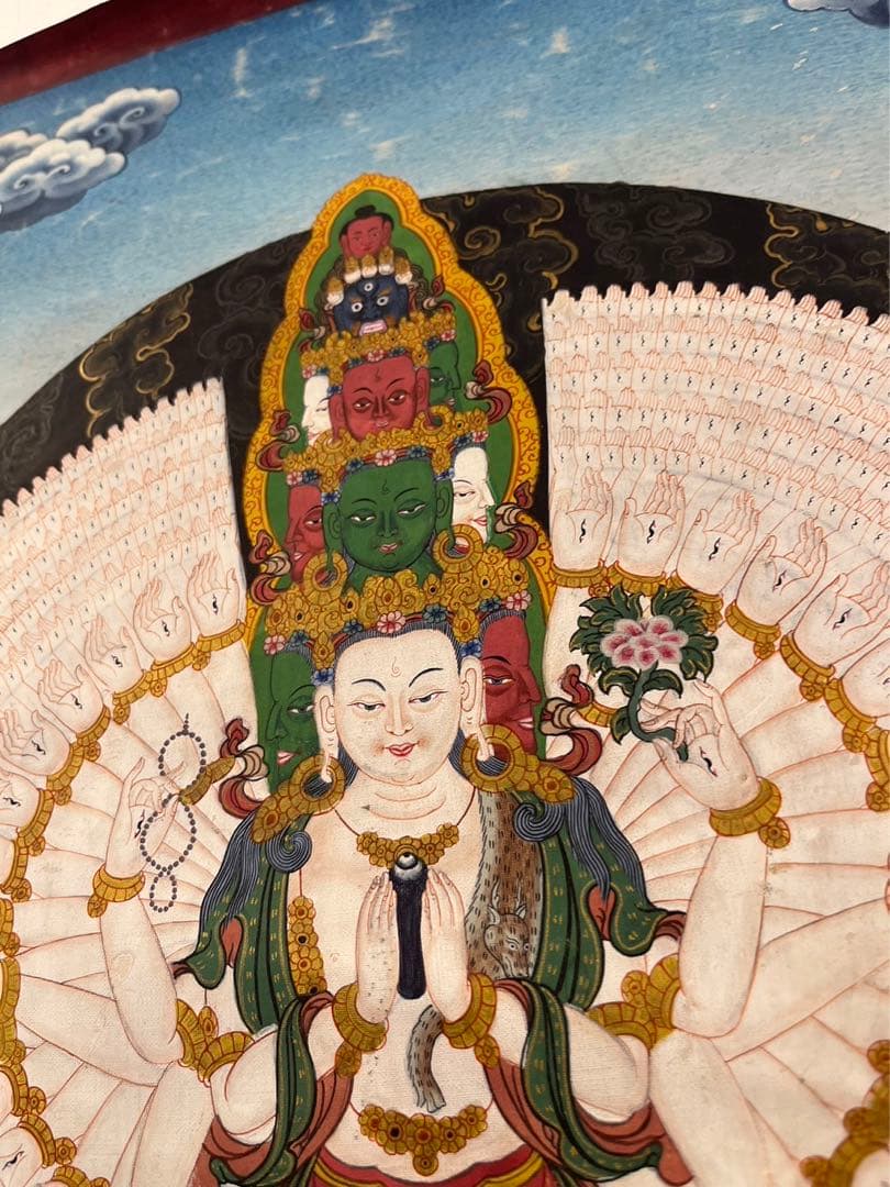 40年前のアンティーク 仏画 手書 タンカ 十一面千手千眼観世音菩薩 33x46