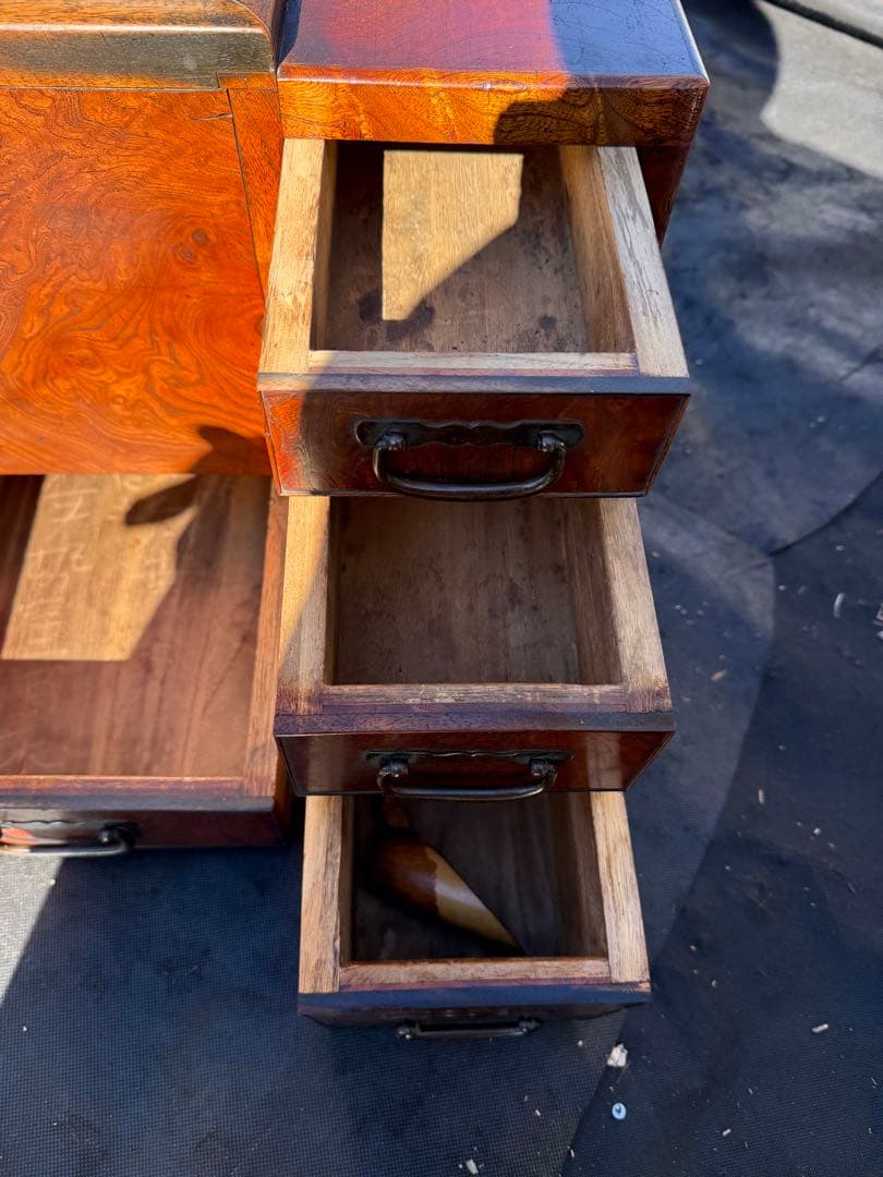 昭和初期 関東長火鉢 欅玉杢 木製 古民具 引き出し付 灰床 五徳 灰匙 猫板付