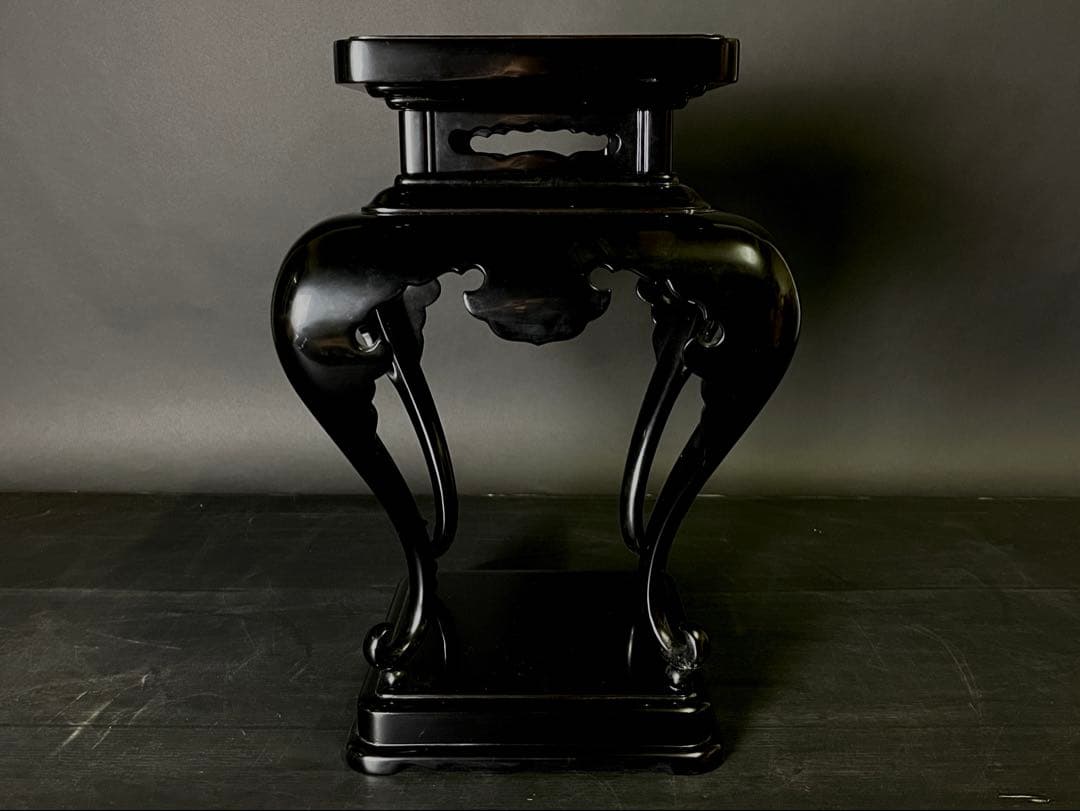 「母」 輪島塗 紫垣製 黒漆 高卓 香炉台 花台 共箱 （114F②）