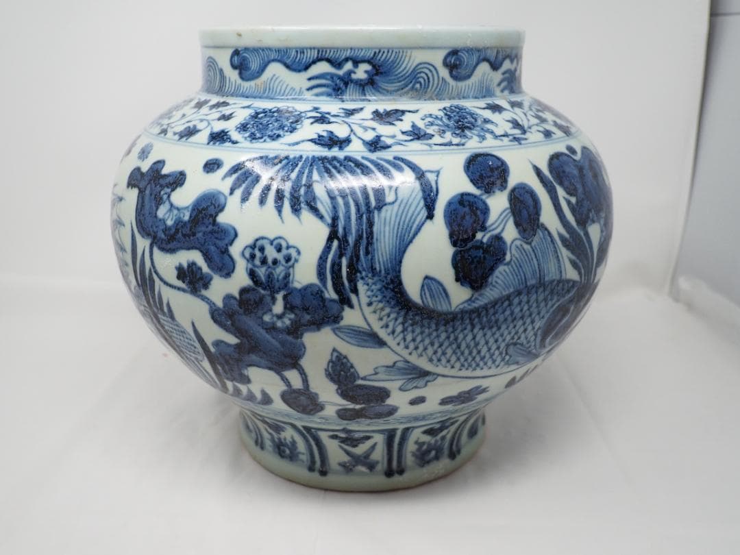 染付　青花魚藻紋罐　壺　花瓶　中国　ハスの花　②　-SO