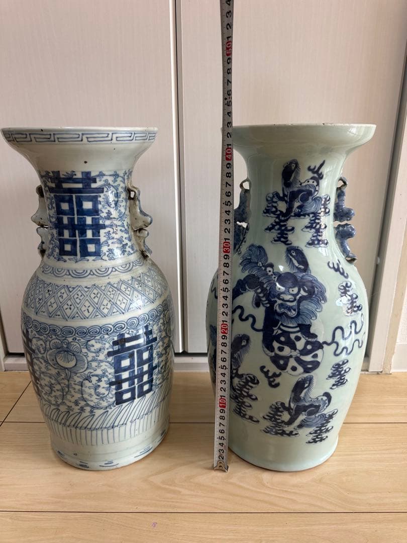 清時代　染付大花瓶　青華 獅子　骨董古美術