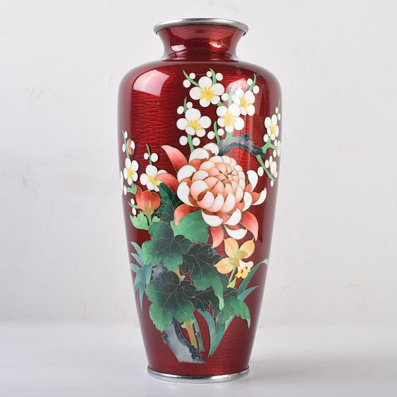 七宝焼　赤透釉　四君子文　花瓶　M　R9121