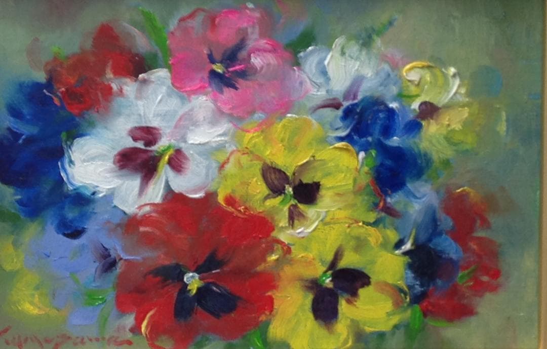 絵画 油絵 梅沢民雄 肉筆油絵 パンジー サム