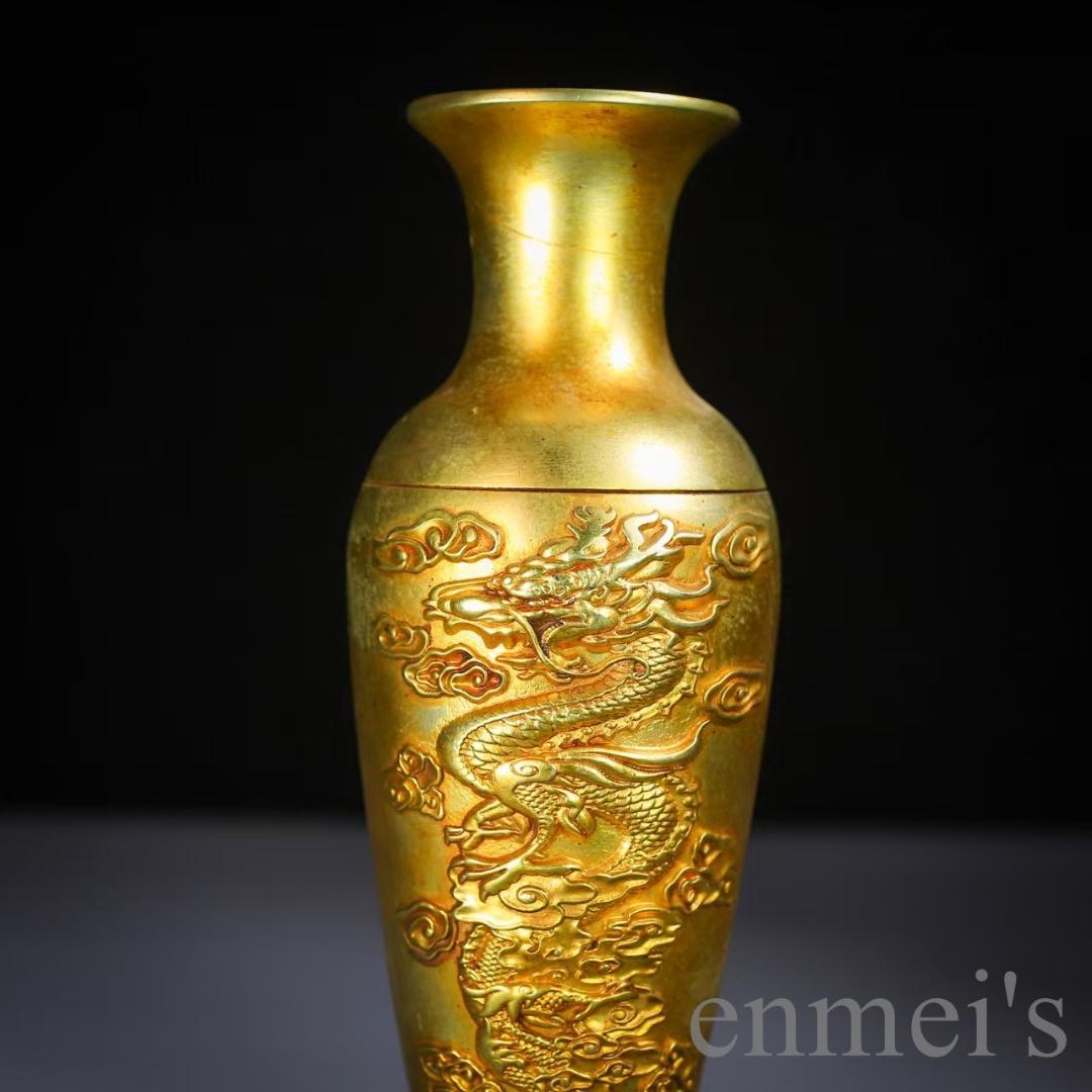 中国古美術 龍鳳文彫刻壺と容器セット 共箱 描金 純銅製 花瓶揃 供養用 置物
