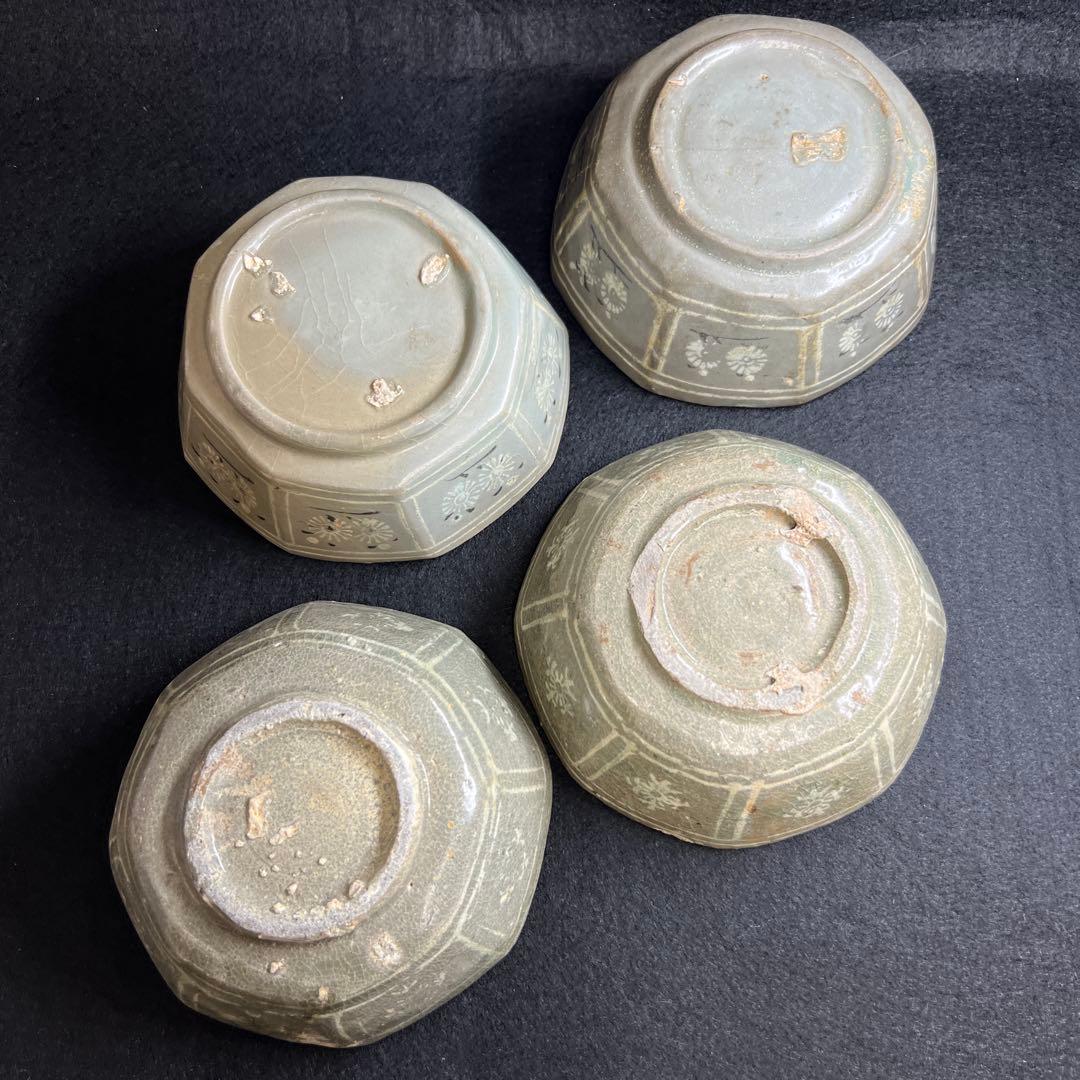 16世紀　高麗青磁　上手白泥象嵌八角鉢4客　幅約11.5㎝東Y7-1224☆2F