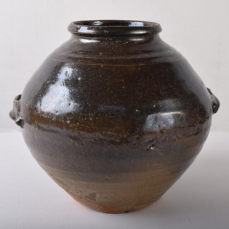 朝鮮美術　李朝　高麗黒釉　双耳壷　時代箱付　V　R8409B