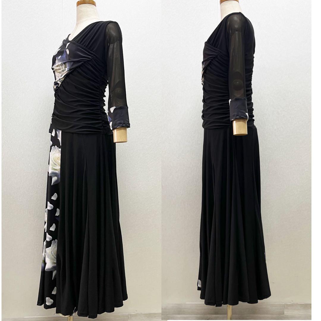 新品 社交ダンス ワンピース ブラック バラ柄　プリント サイズML