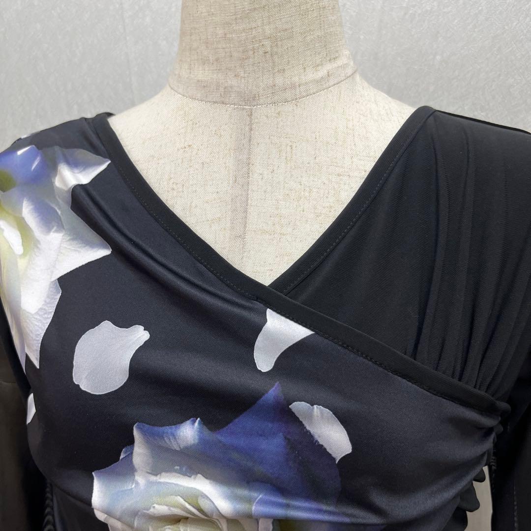 新品 社交ダンス ワンピース ブラック バラ柄　プリント サイズML