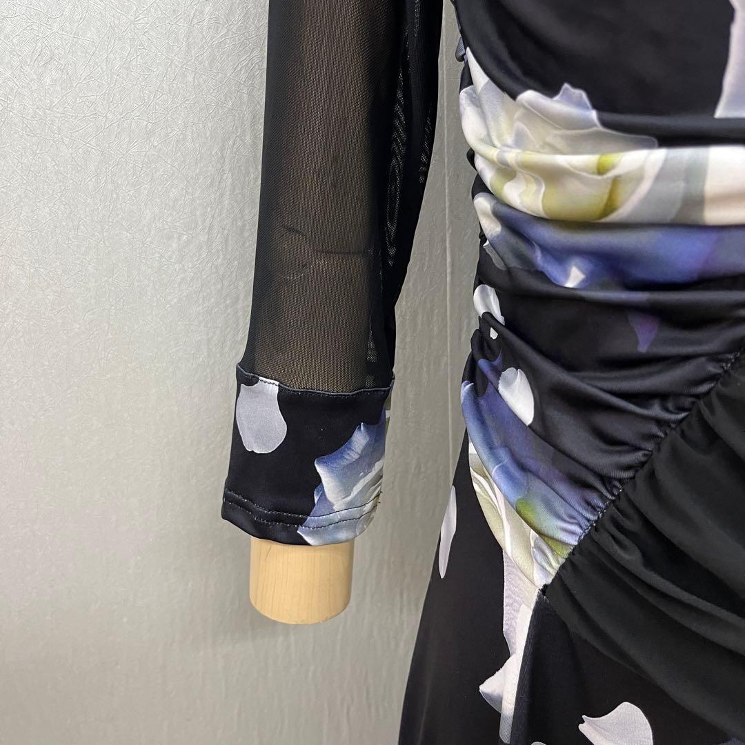 新品 社交ダンス ワンピース ブラック バラ柄　プリント サイズML