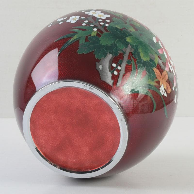 七宝焼　尾張佐藤七宝店謹製　赤透釉　四君子文　花瓶　V　9310