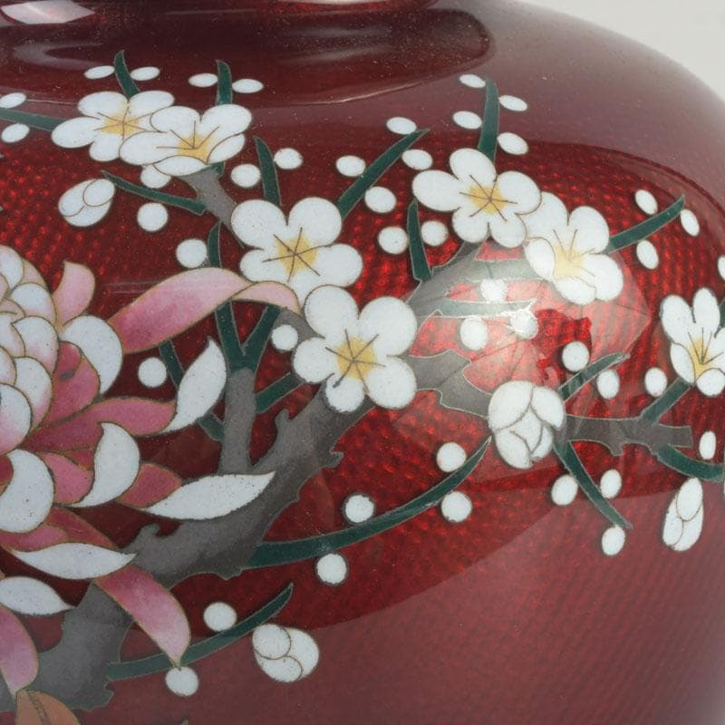 七宝焼　尾張佐藤七宝店謹製　赤透釉　四君子文　花瓶　V　9310