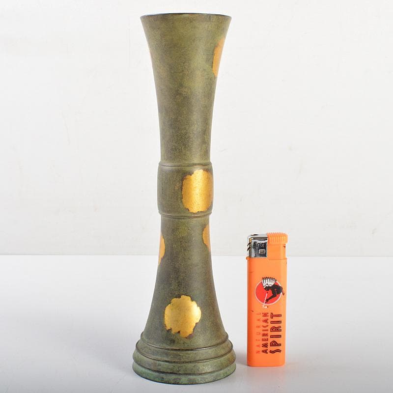 平安　秦蔵六造　 塗金銅　立鼓式花瓶　共箱　D　R7305