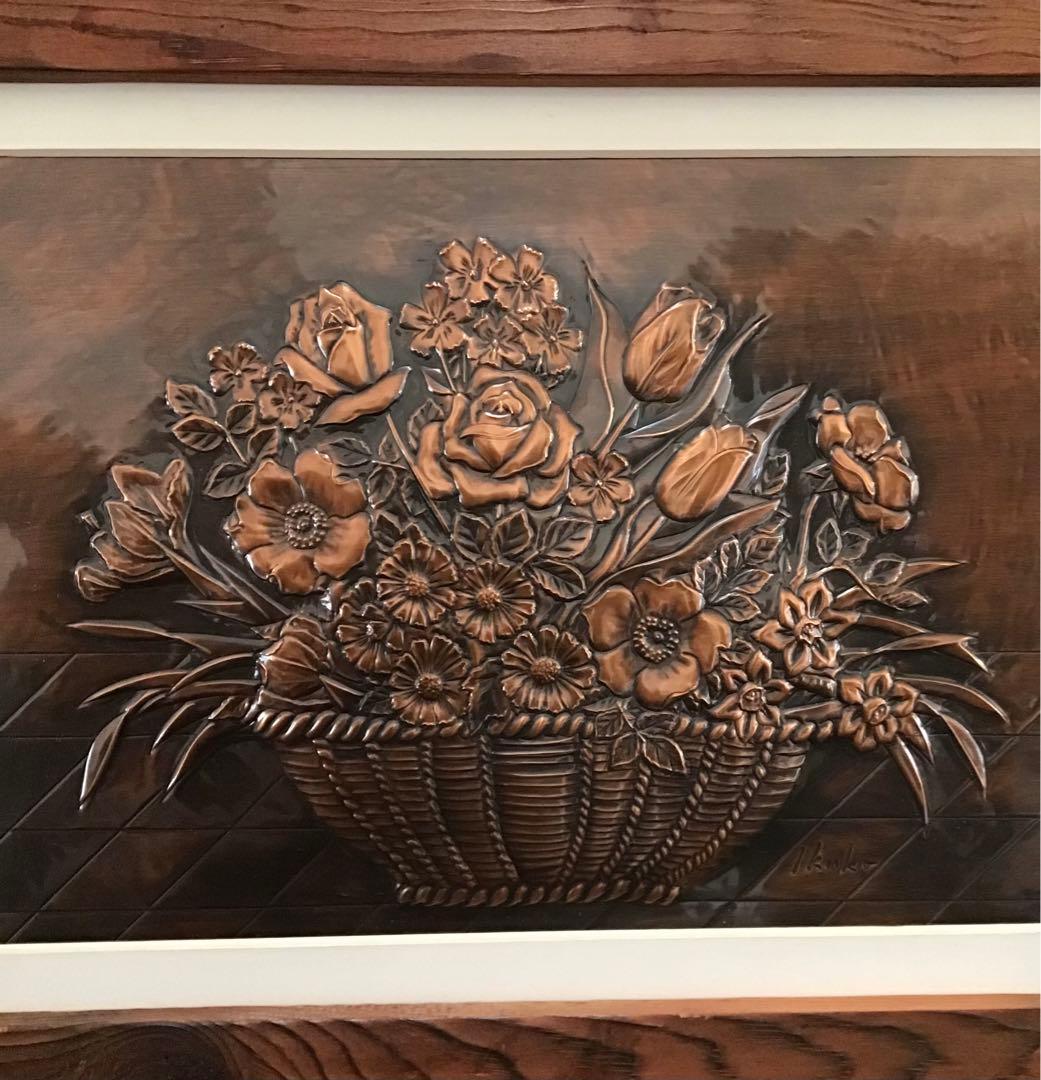 銅板画　銅板アート　銅板花　花束　木製フレーム付き　アート　コレクション　希少品