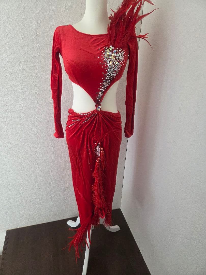 ラテンドレス 赤 黒 ツーウェイ 社交ダンス