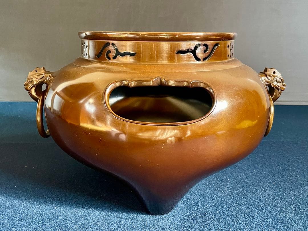 割引❣️【美品】「祖」 唐銅 鬼面風炉 釜師 莎村 共箱 共布 （1030あ莎）