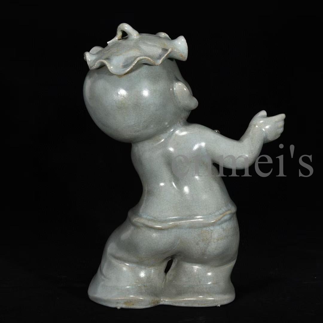 中国古美術・宋汝窯風 淡青釉 童子人形 3体セット・陶器製・文房置物・賞物