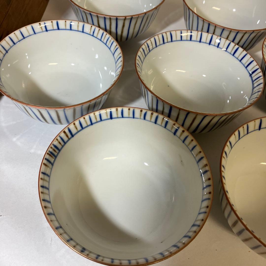 九谷焼骨董蓋付き茶碗７客「赤地金彩麦わら手」