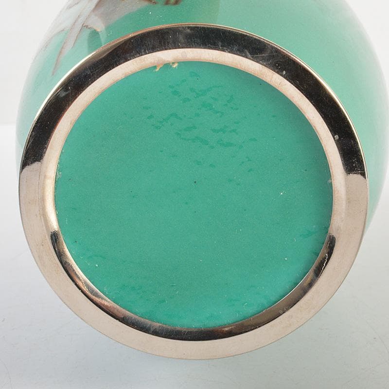 七宝焼　翡翠色　花文　花瓶　唐木台・箱付　V　6415C