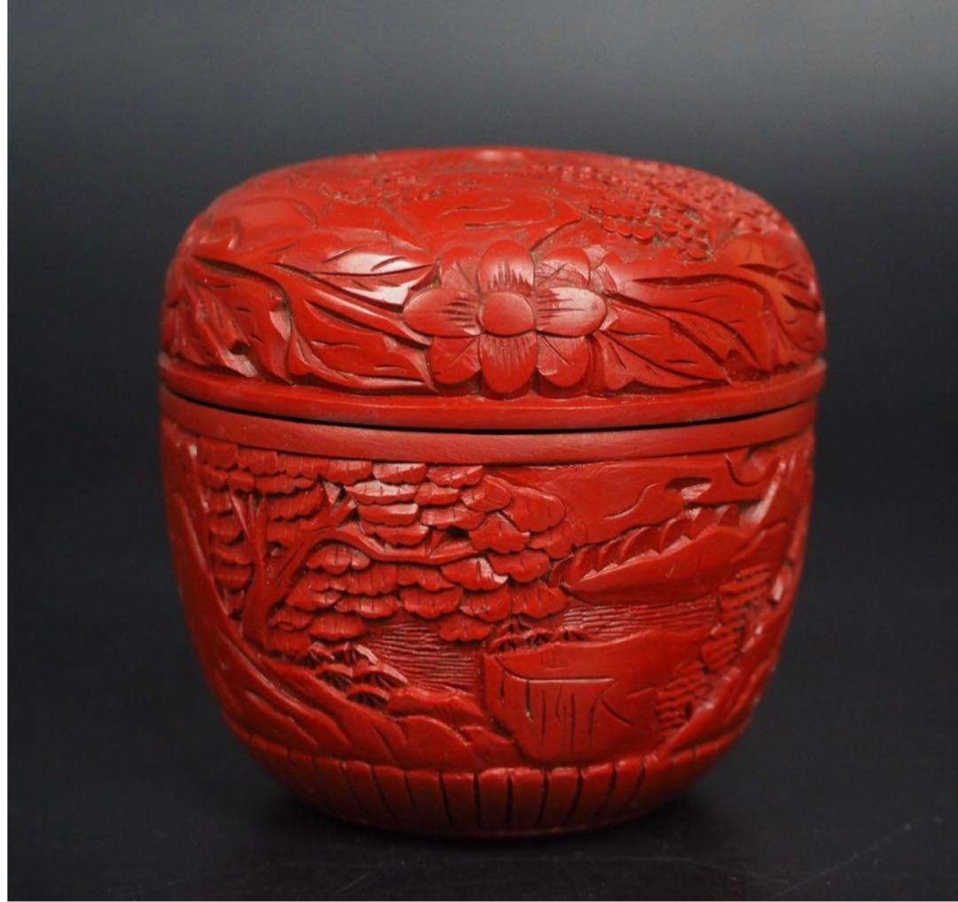 送料無料　時代物　山水楼閣紋堆朱棗　茶道具