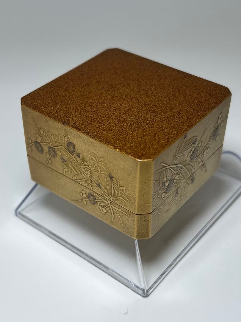 香道具 時代蒔絵 金蒔絵花草風景図香合 金地内金梨地 箱付 明治時代蒔絵　古美術