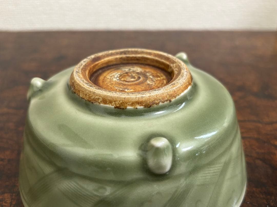 【美品】唐物 龍泉窯 青磁三脚香炉 外口径12cm　中国古玩 唐物