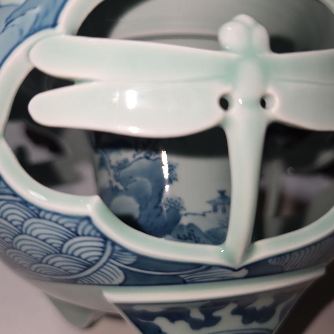 青雲窯 有田焼 染付祥瑞 山水風景図 青雲 茶道具 透かし彫り蜻蛉 三つ足香炉
