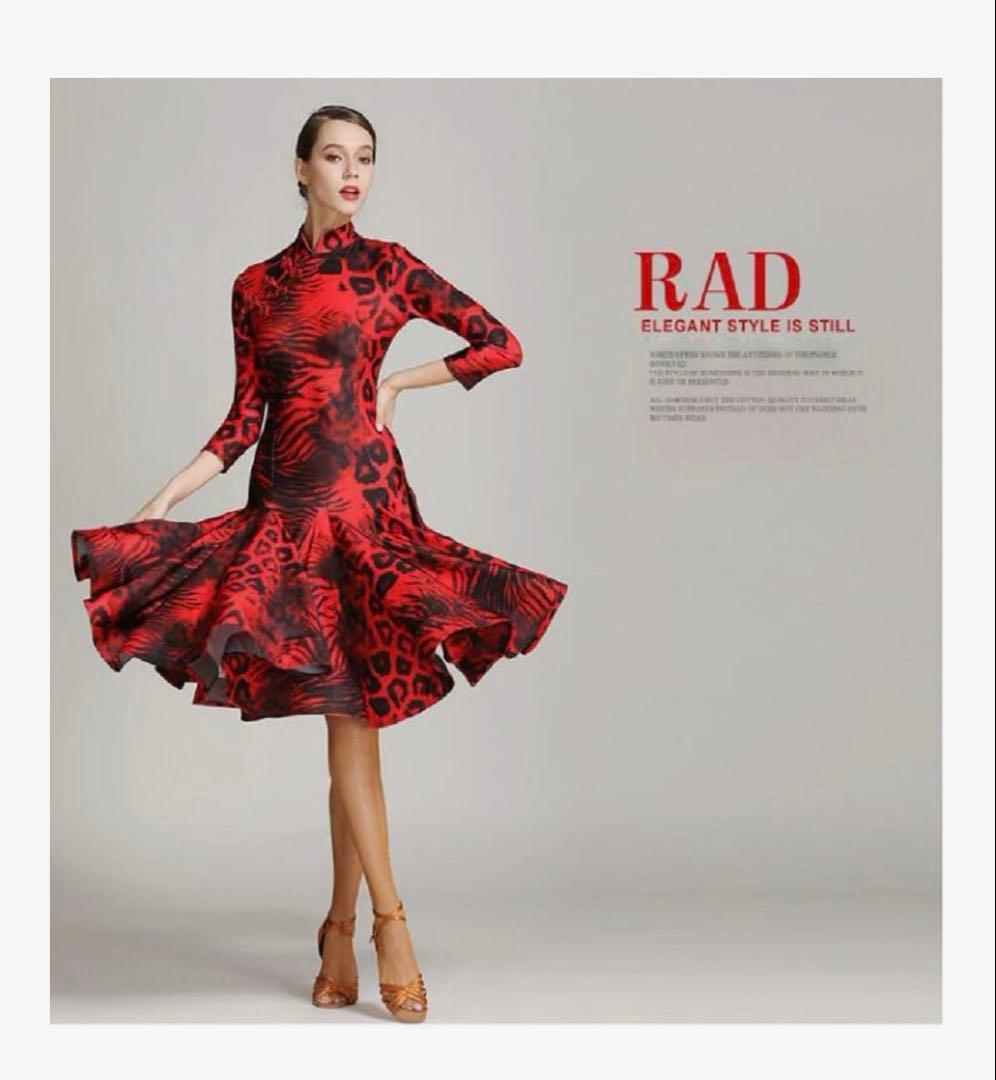 お値下げ【社交ダンス用ドレス】赤黒ヒョウ柄*デモ*レッスン★ラテン★Mサイズ