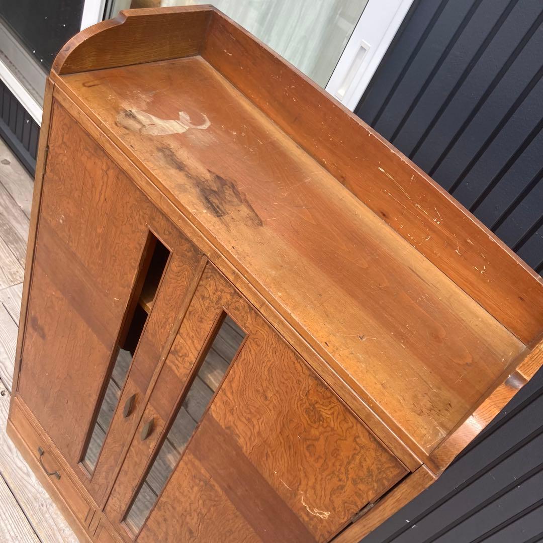 昭和レトロ 古家具 飾りガラス戸 木製キャビネット 食器棚 飾り棚 サイドボード