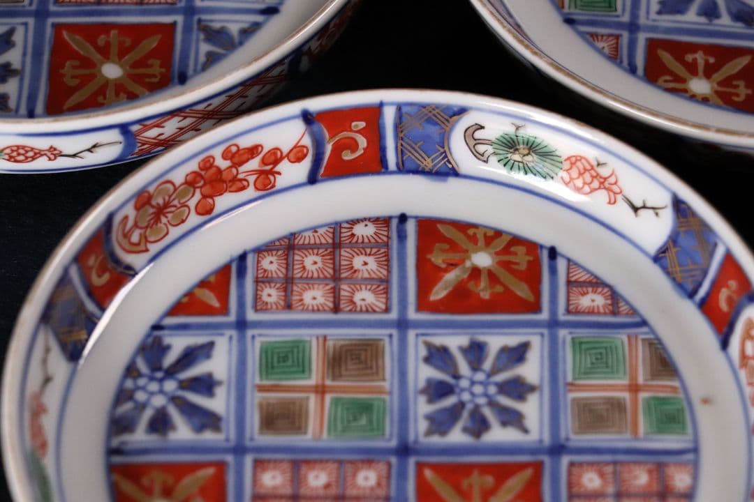 時代 大聖寺伊万里 奇玉宝鼎之珍 錦手小紋小皿 五客 12cm 色絵 MA407