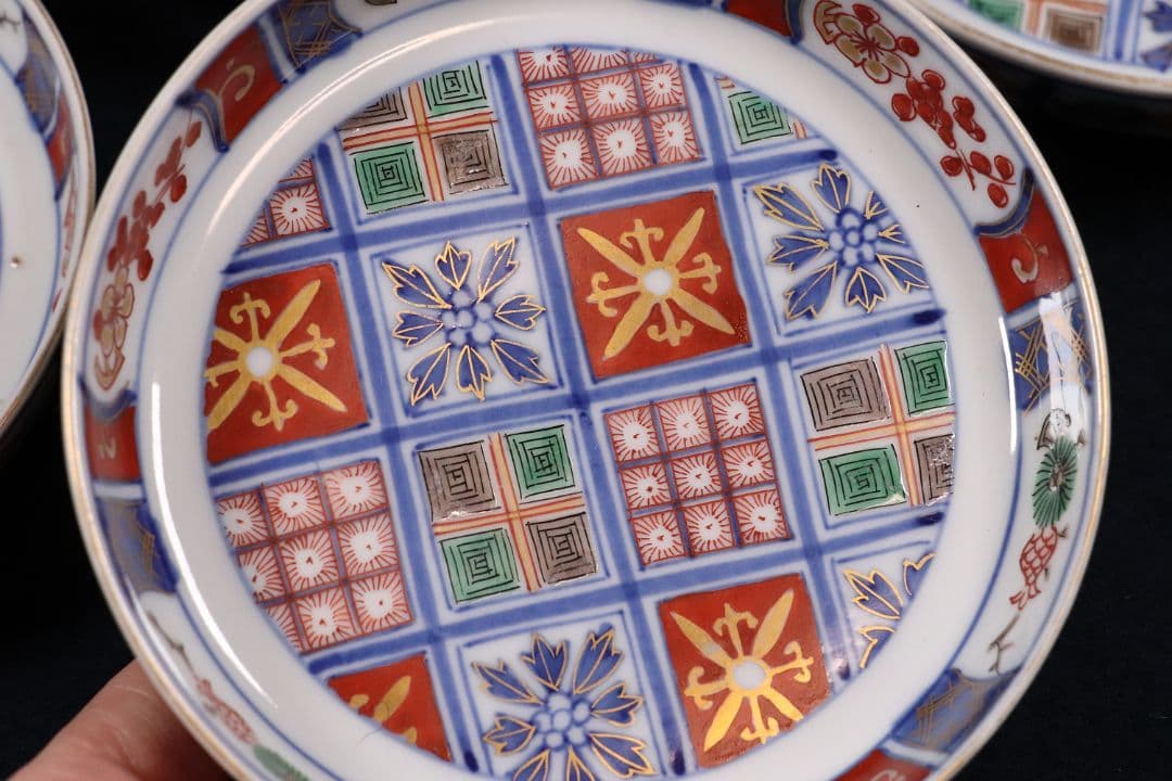時代 大聖寺伊万里 奇玉宝鼎之珍 錦手小紋小皿 五客 12cm 色絵 MA407