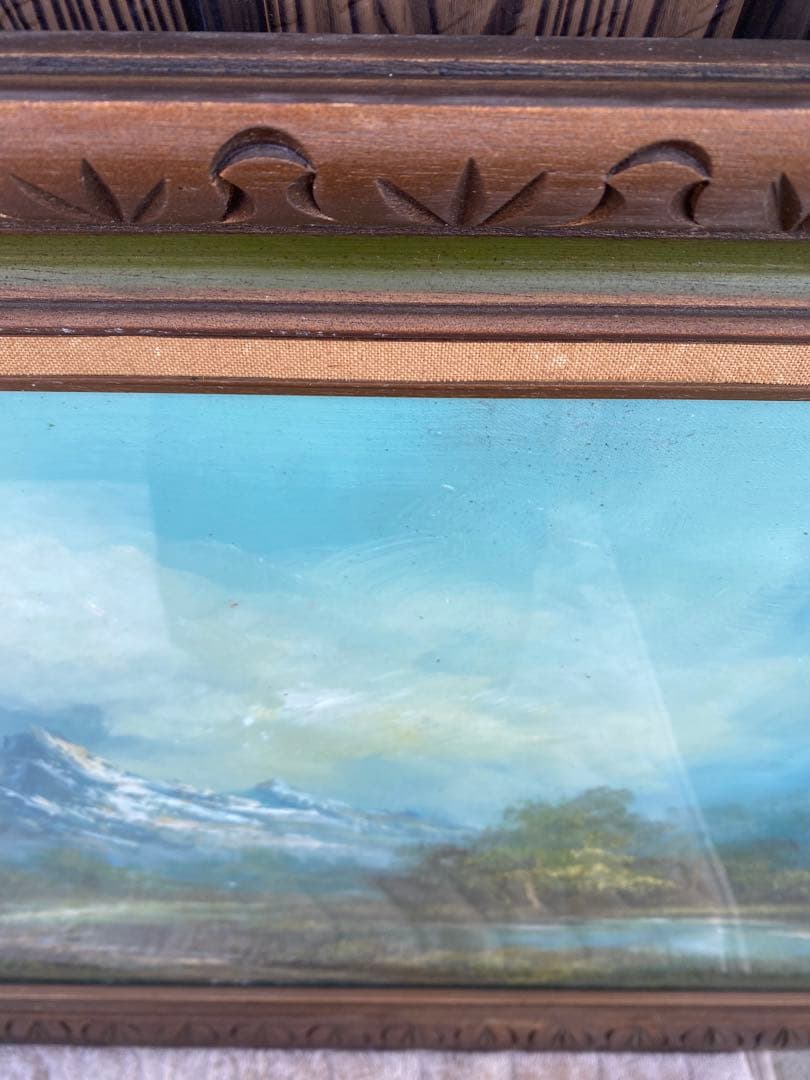 風景画　油彩　木製フレーム付　山水画　特大　大判　アンティーク　絵画