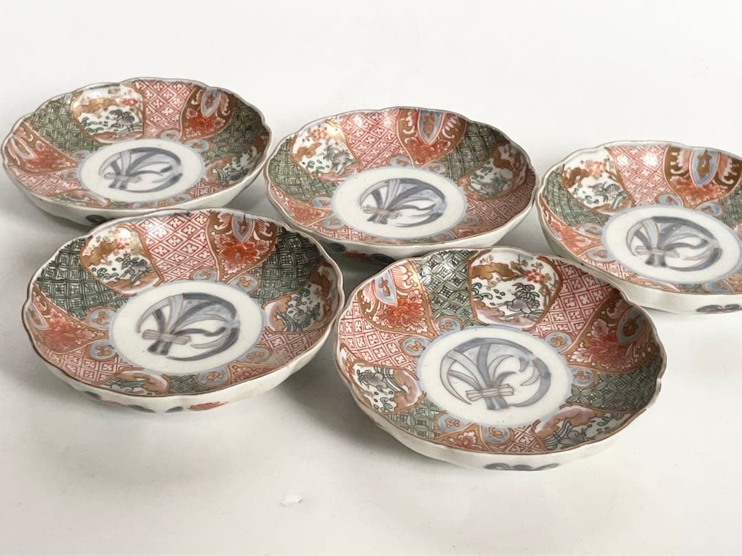 骨董　アンティーク　金襴手　輪花縁　小皿　稲穂文様　5枚