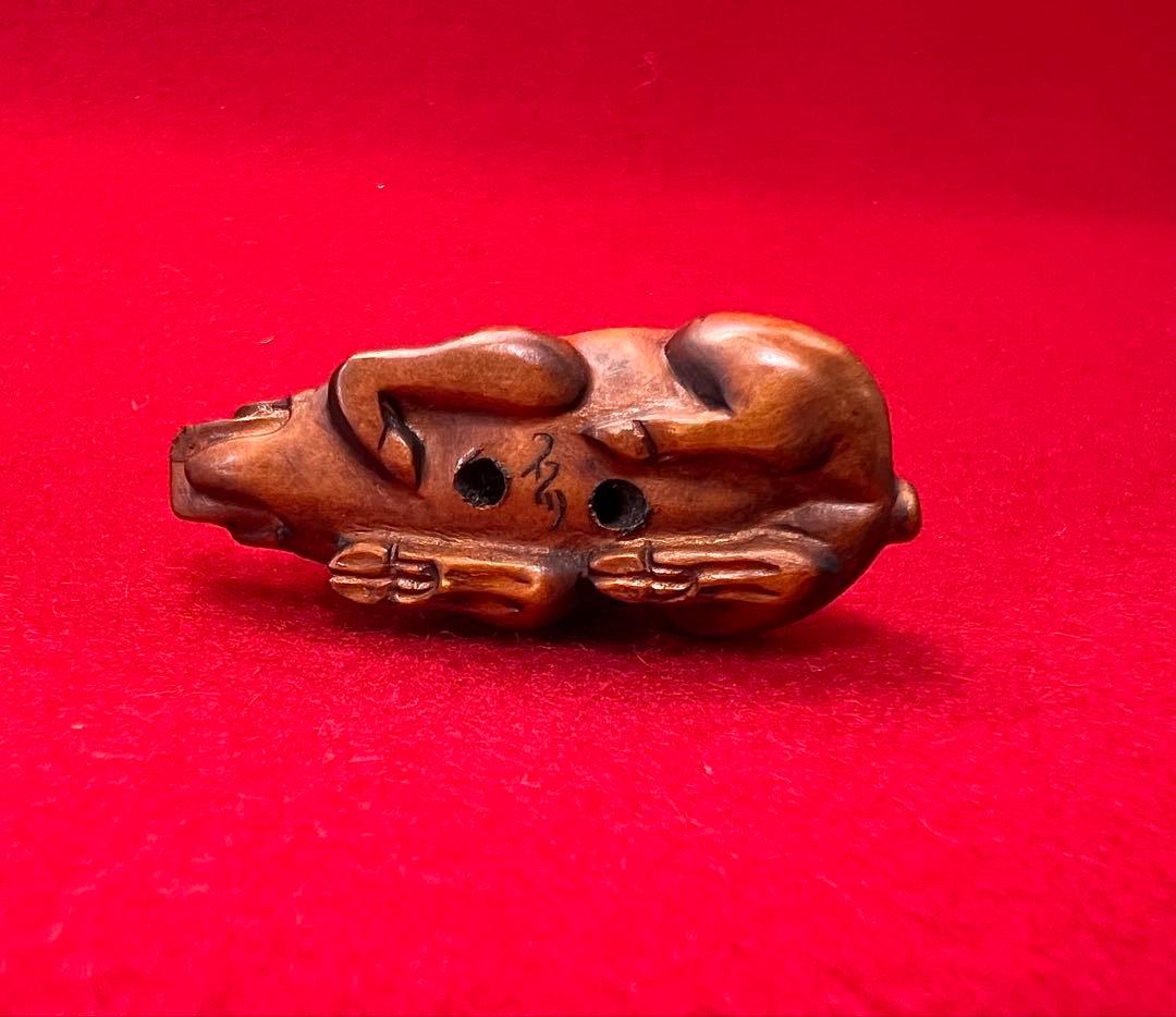 イノシシ 干支亥 木製 提物 根付 石川銘 彫刻 木彫 置物