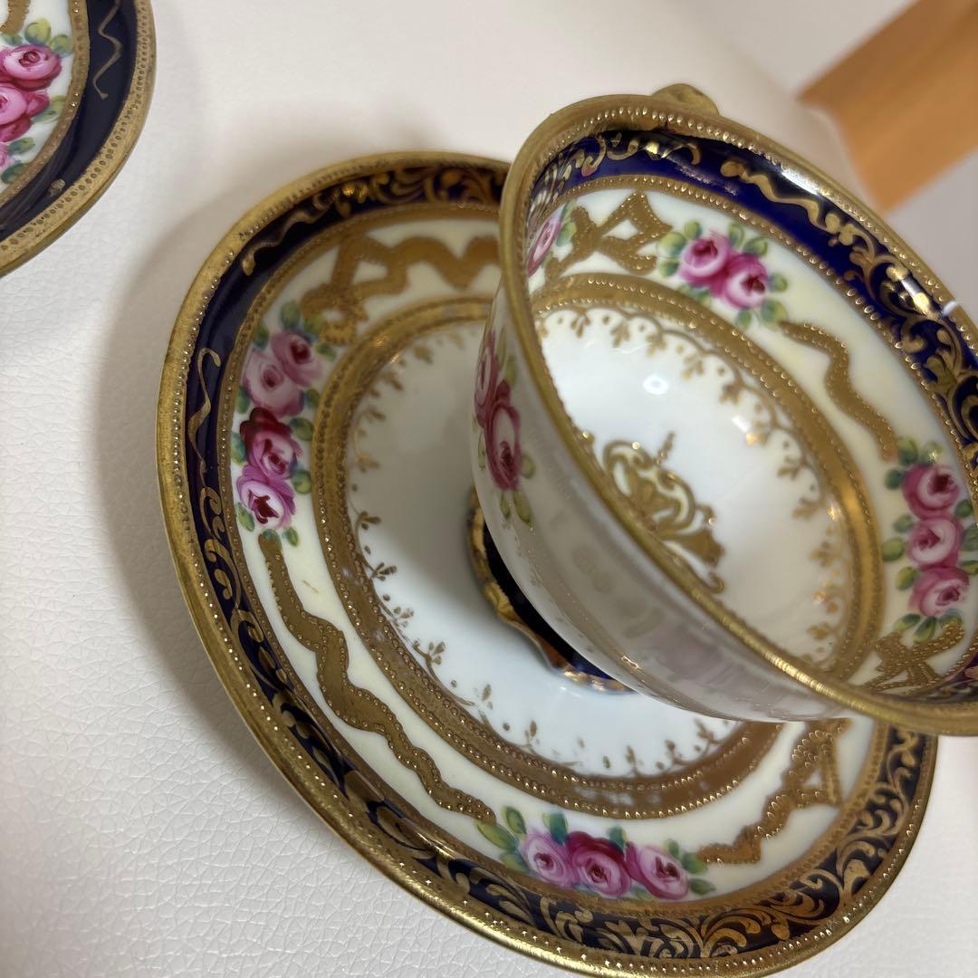 オールドノリタケ 金盛上・コバルト薔薇図紋　カップソーサー2客セット
