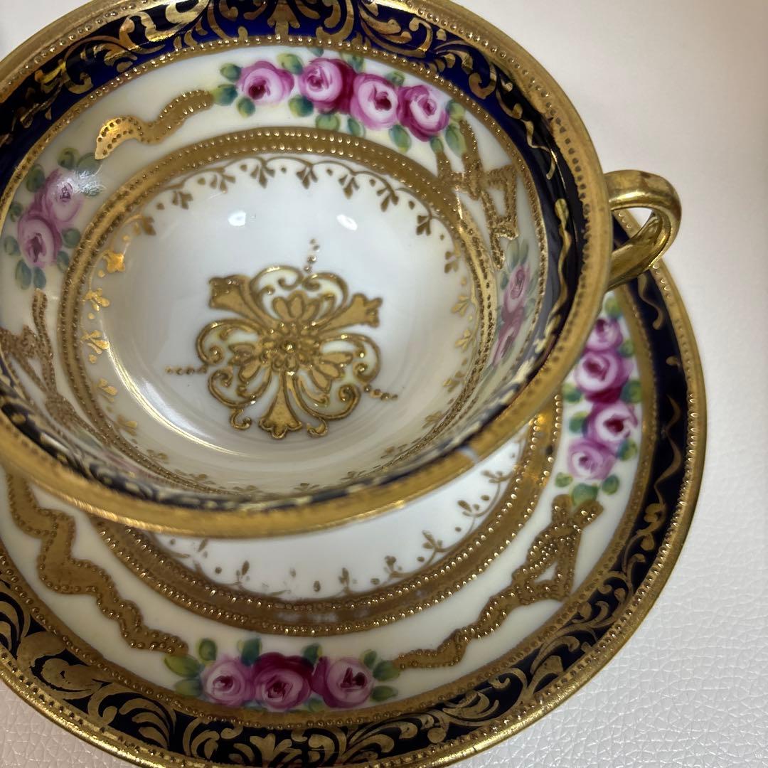 オールドノリタケ 金盛上・コバルト薔薇図紋　カップソーサー2客セット