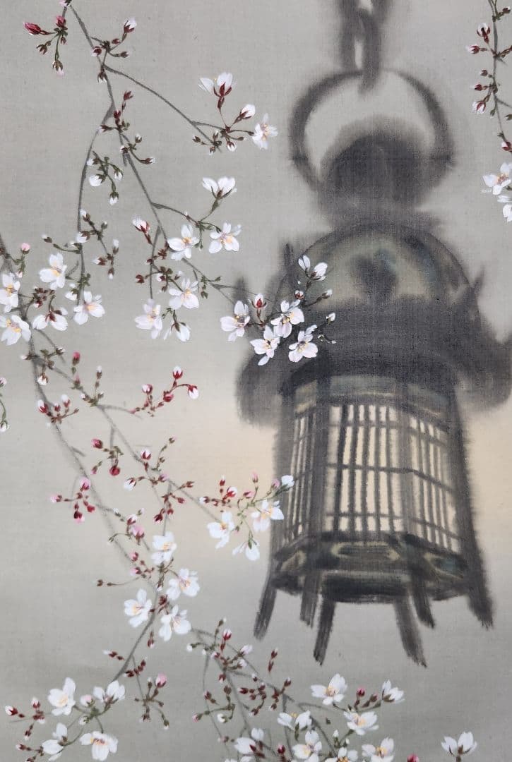 【春宵 夜桜花灯篭図】水野龍年 2647 花見　掛け軸　肉筆