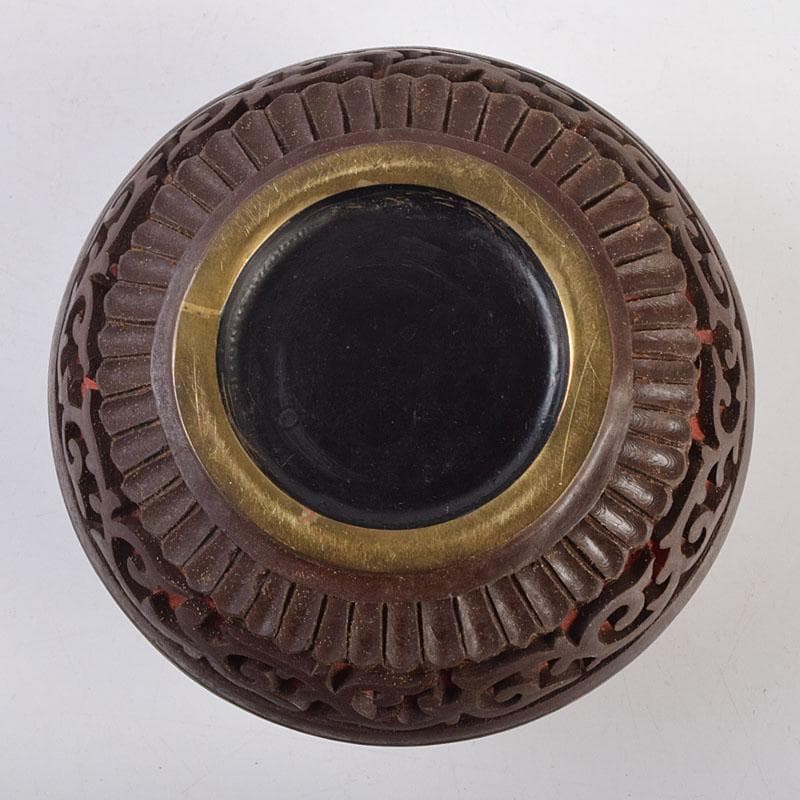 中国　堆朱　堆黒 　内七宝　山水人物文　香合　V　R9265