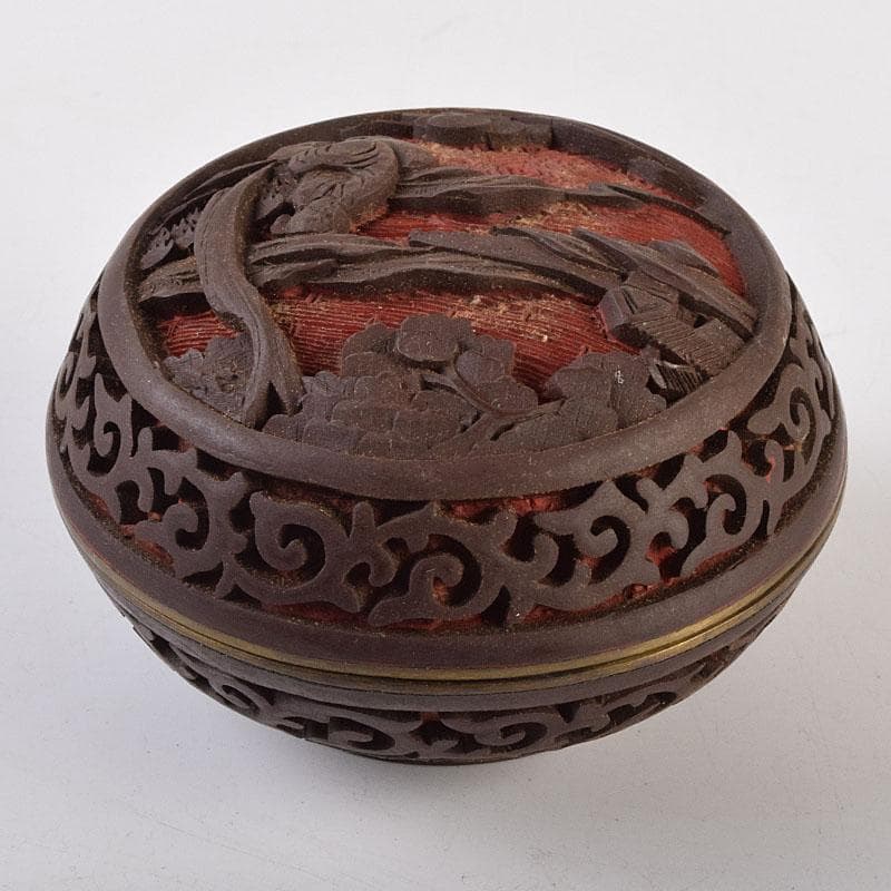中国　堆朱　堆黒 　内七宝　山水人物文　香合　V　R9265