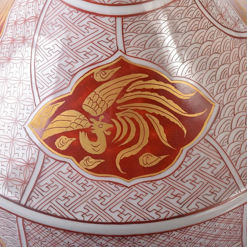 九谷焼　西野昭弘作　昭月造　本金赤細書小紋　鶴首花瓶　共箱　V　R8332B