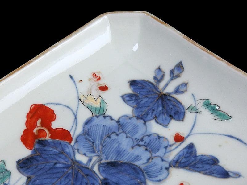 古伊万里　染錦　牡丹の図　角皿　５枚　131AS-CWz