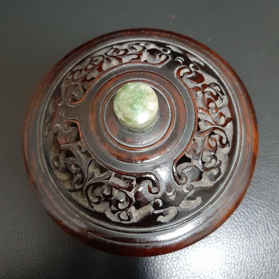 希少　古い銅香炉　香道具　唐木蓋　唐木台座　翡翠摘み　古美術　中国美術