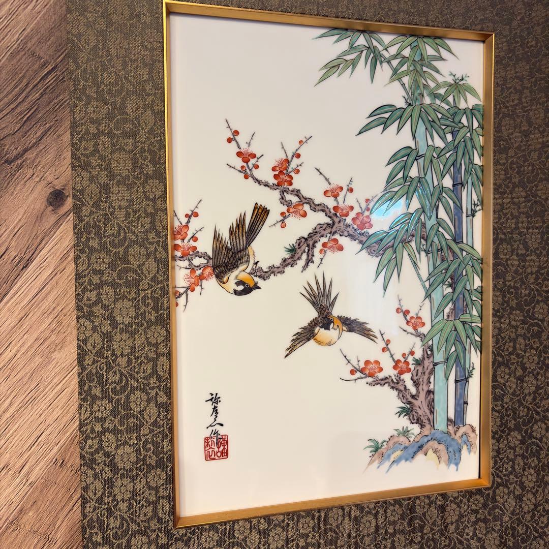 掛軸 陶磁画 応接間 玄関 茶室 書斎 装飾品 工芸品 置物 雀 鶉 梅 竹