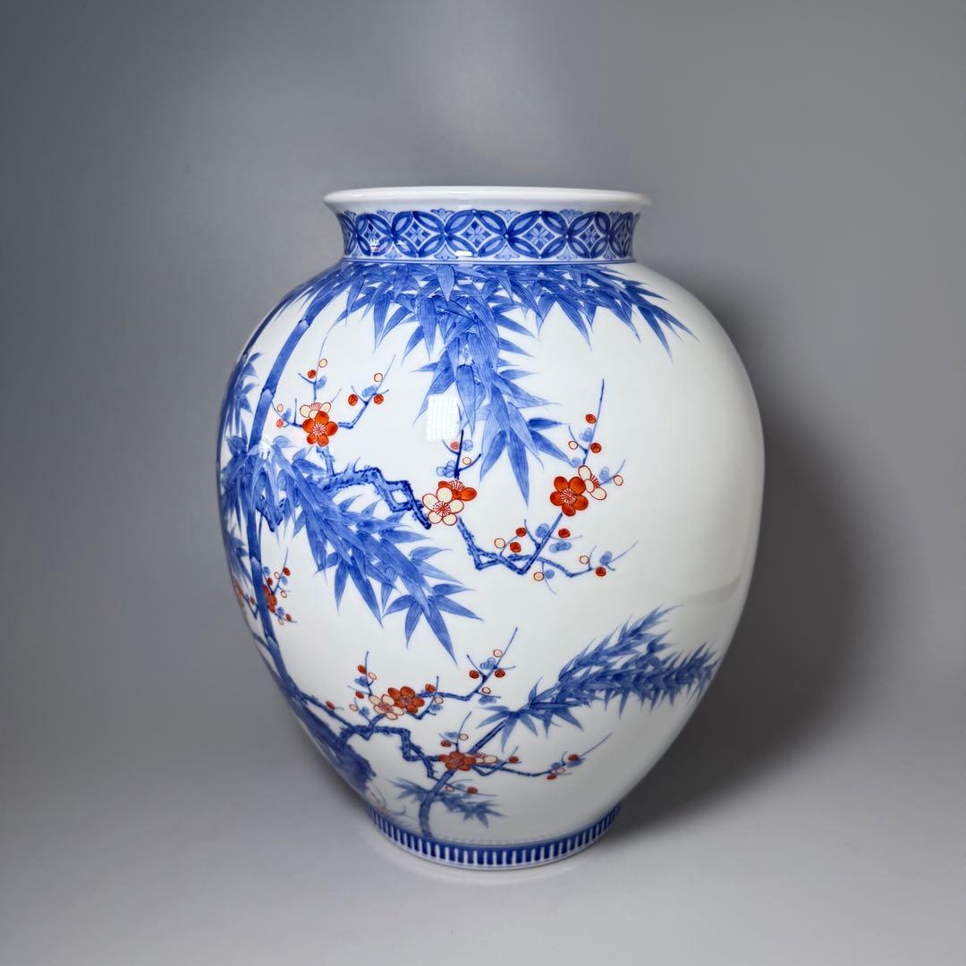 鍋島御庭焼　市川光春　本人作　最高位作　色鍋島竹梅図大花瓶　高33.5cm