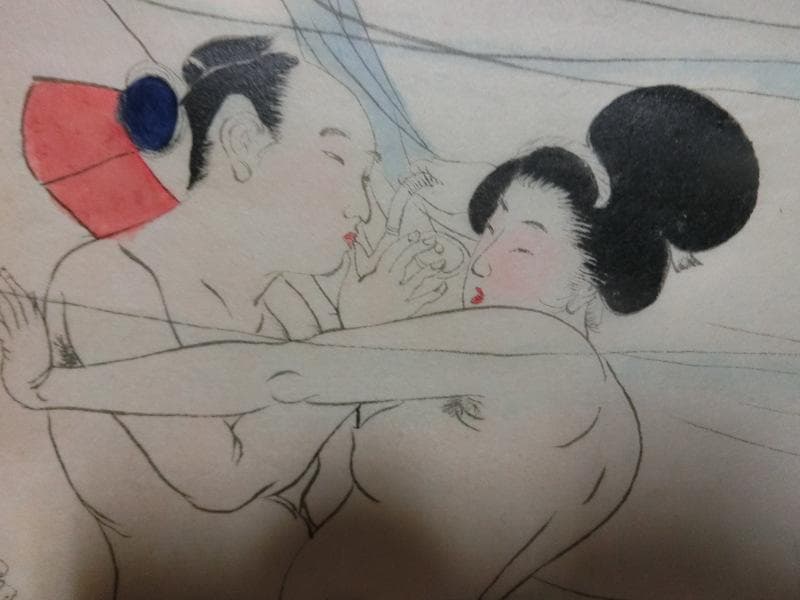 迫力の　誇張！　怒張！　大判 春画　手描き4枚　日本画 艶絵