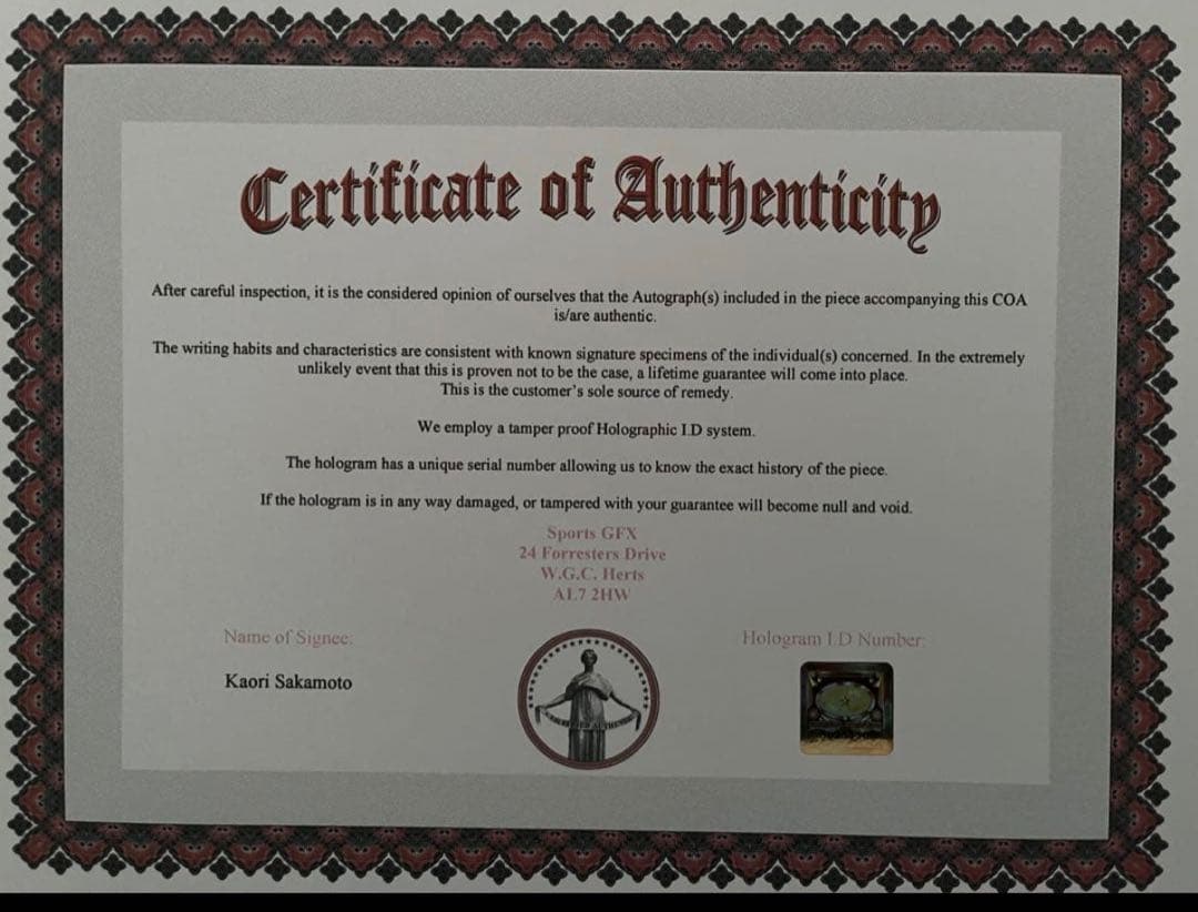 坂本花織 直筆サイン付き写真 世界女王 女子フィギュアスケート　証明書付 1枚⑪