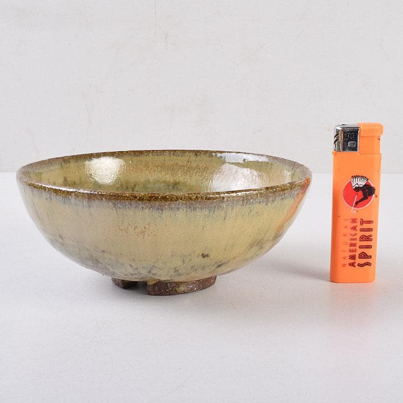 茶道具　高取焼　高鶴元作　萱釉　割高台茶碗　共布共箱　V　R9054