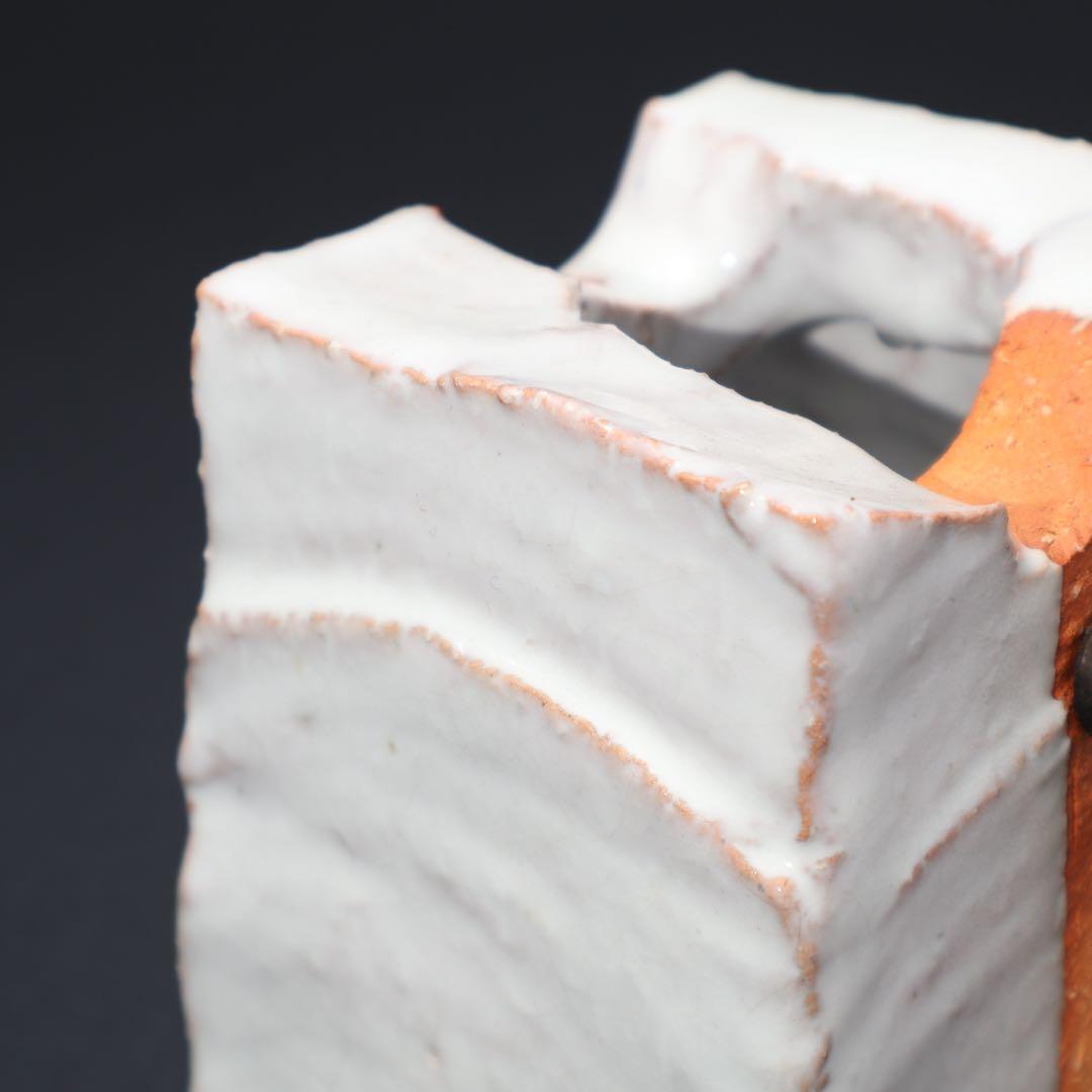 【茶道具】白釉掛分掛花入　萩焼　大和保男　共箱　白　R1561ダN3