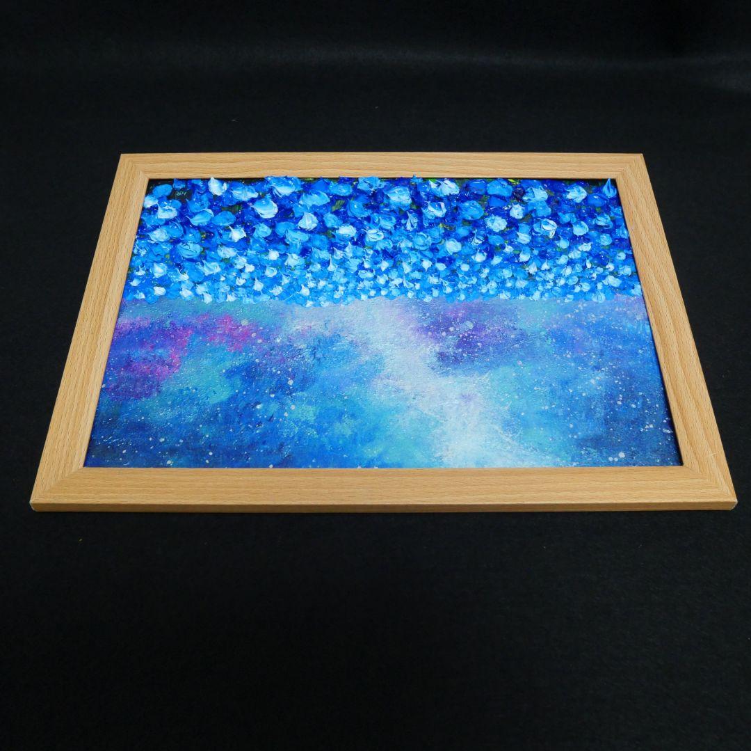 油絵 油彩 油彩画 絵 絵画【ネモフィラの田んぼに輝く天の川】